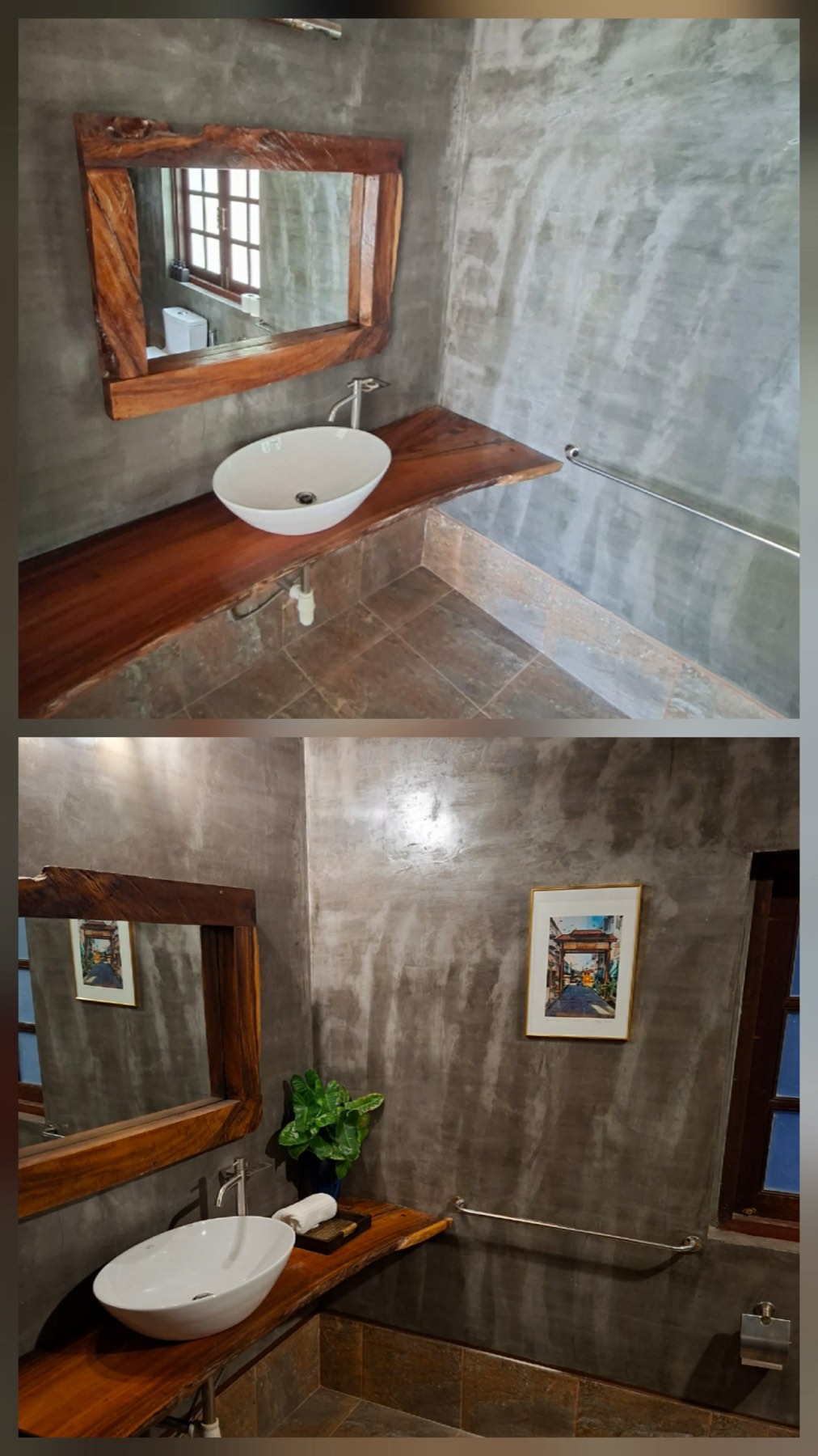 Guest bathroom at Tree Roots Retreat in Rayong, Thailand, before and after Claire&rsquo;s redesign &mdash; reclaimed wood vanity, plant, and a framed print on polished concrete walls.