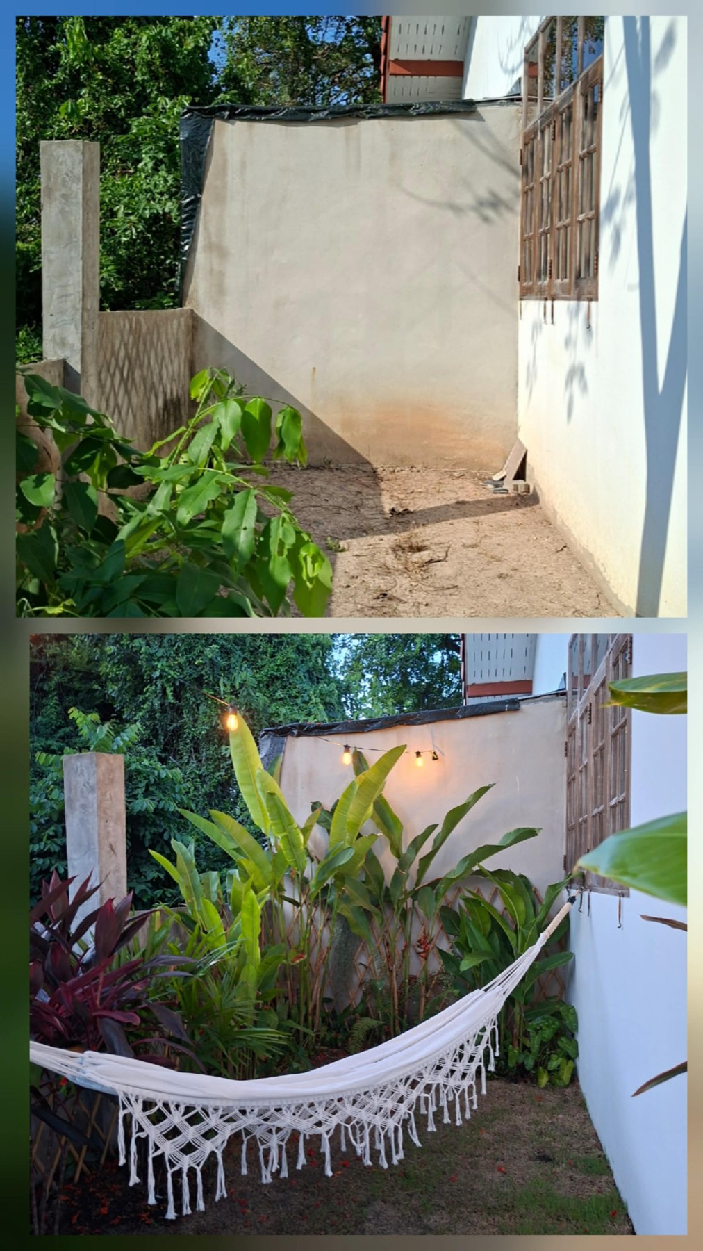 Guest patio at Tree Roots Retreat in Rayong, before and after &mdash; from bare concrete to a planted corner with a macram&eacute; hammock and string lights for the evenings.