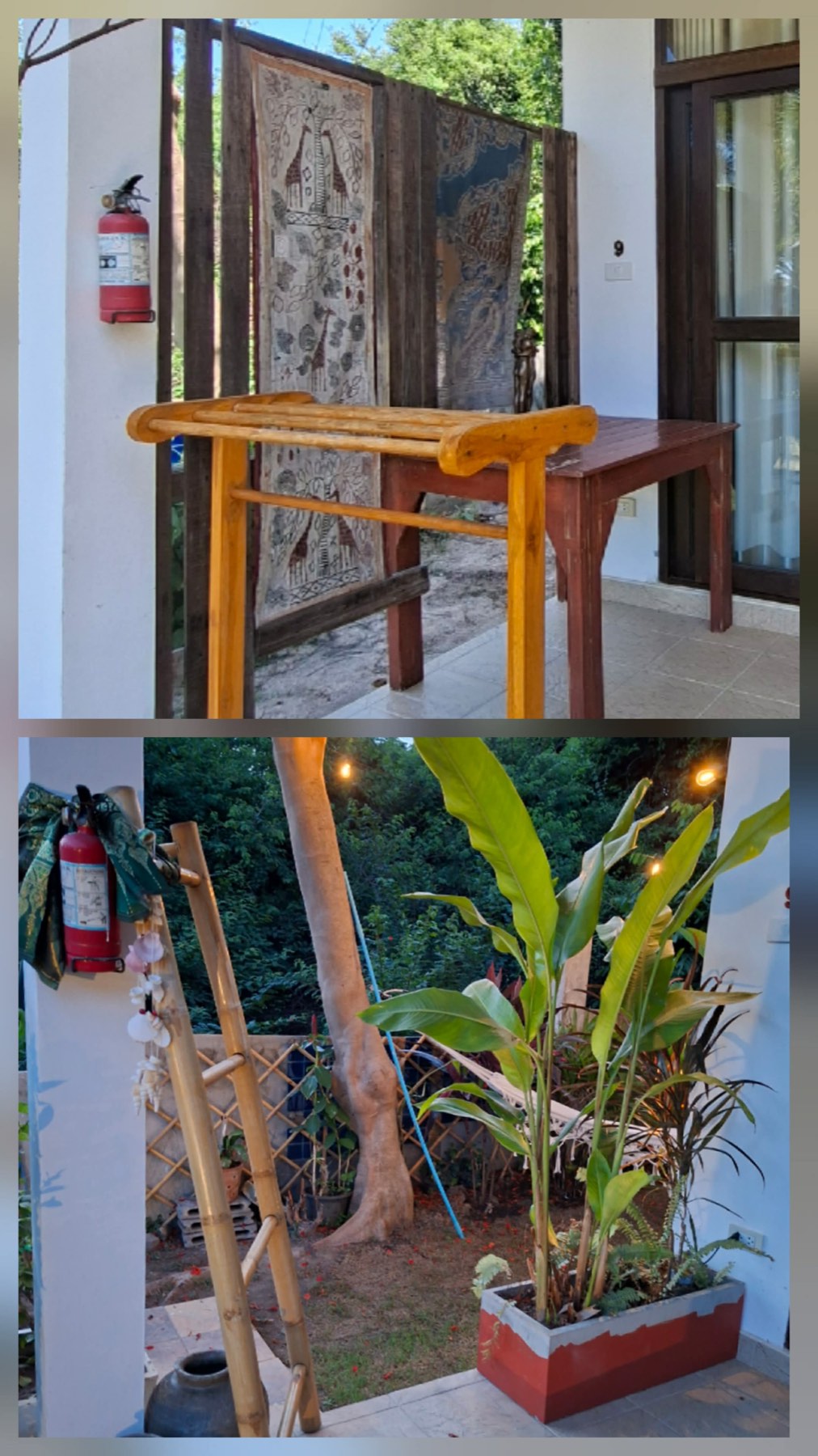 Porch and covered patio outside a guest room at Tree Roots Retreat in Rayong, Thailand, before and after Claire&rsquo;s redesign &mdash; bamboo, banana palms, orchids, and warm string lights.