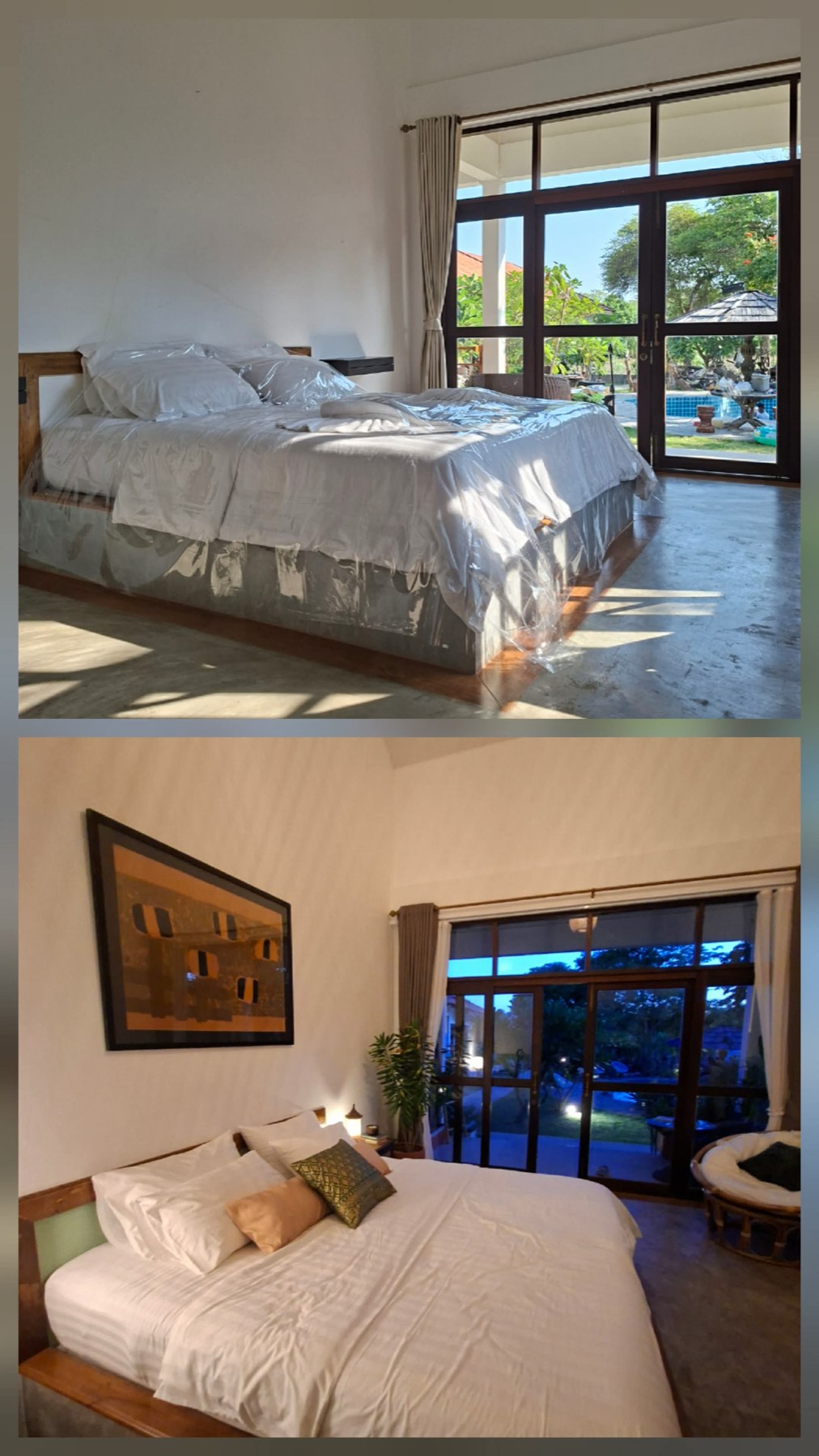 Guest room at Tree Roots Retreat in Rayong, before and after Claire&rsquo;s redesign &mdash; framed art, plants, cushions, and a papasan chair by the garden doors.