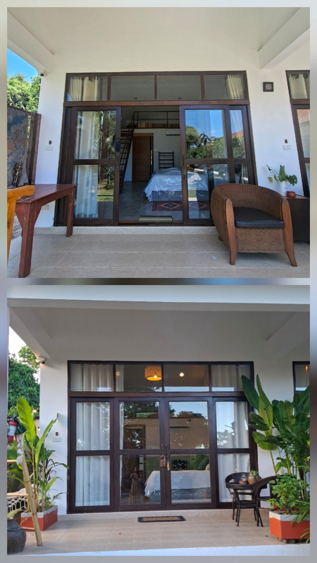 Guest room entrance and terrace at Tree Roots Retreat, Rayong, before and after Claire&rsquo;s redesign &mdash; new planting, softer lighting, and a warmer approach at the door.