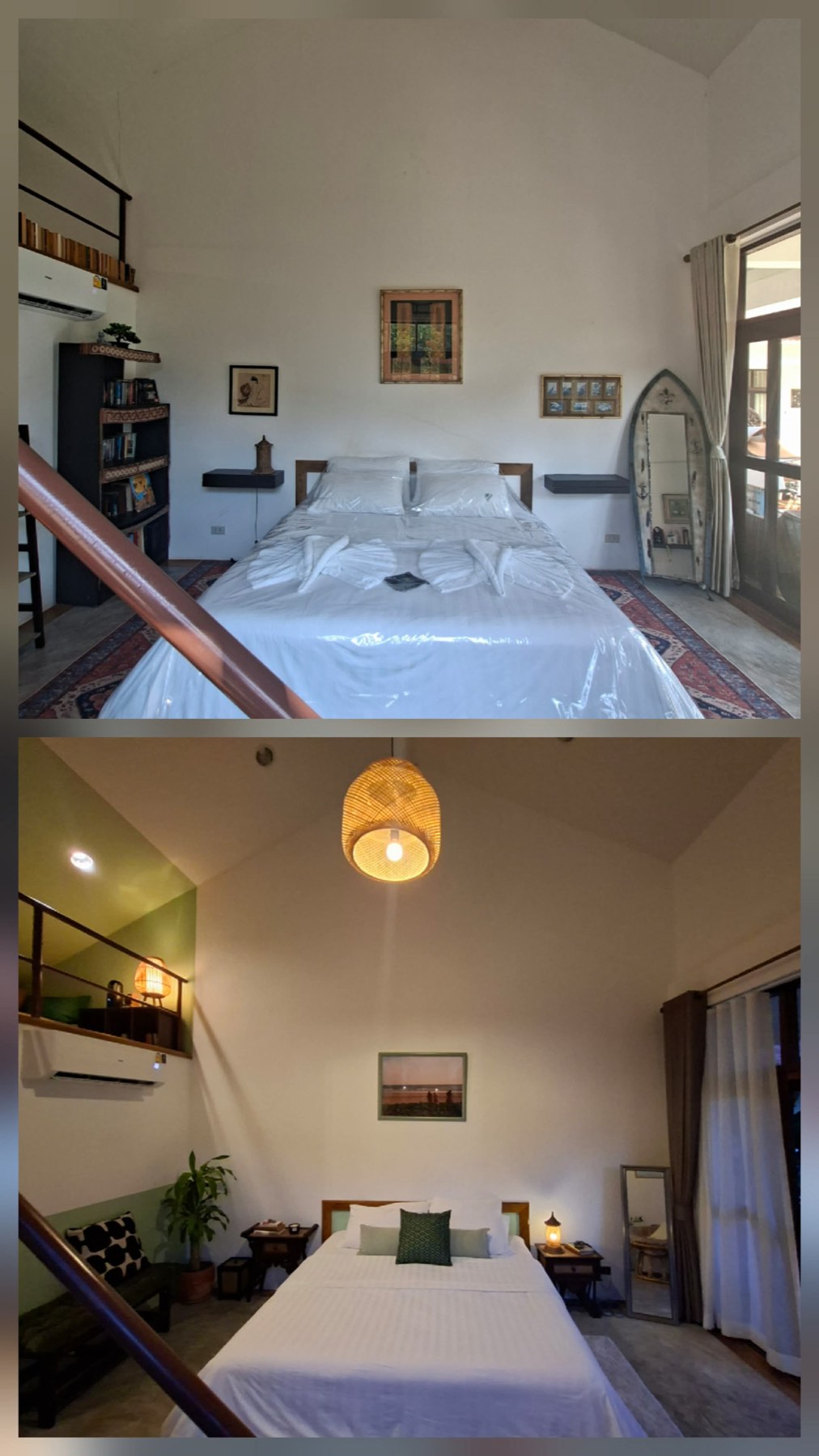 Guest room with mezzanine and pendant light at Tree Roots Retreat in Rayong, Thailand, before and after Claire&rsquo;s redesign &mdash; sage-green feature wall, framed print, and a rattan pendant.