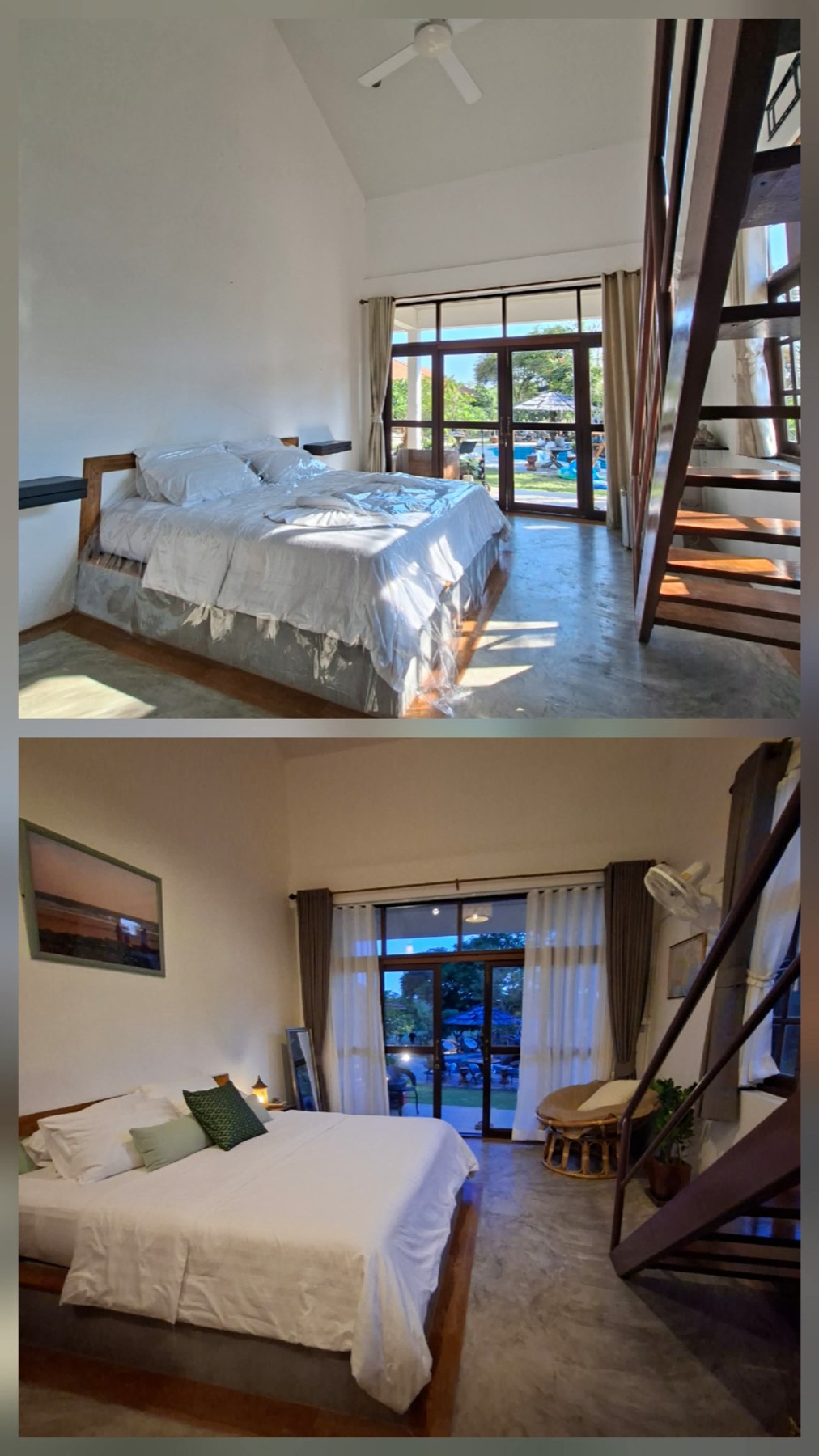 Pool-view guest room at Tree Roots Retreat in Rayong, before and after Claire&rsquo;s redesign &mdash; new bedding, framed art, warm lighting, and a reading chair beside the sliding doors.