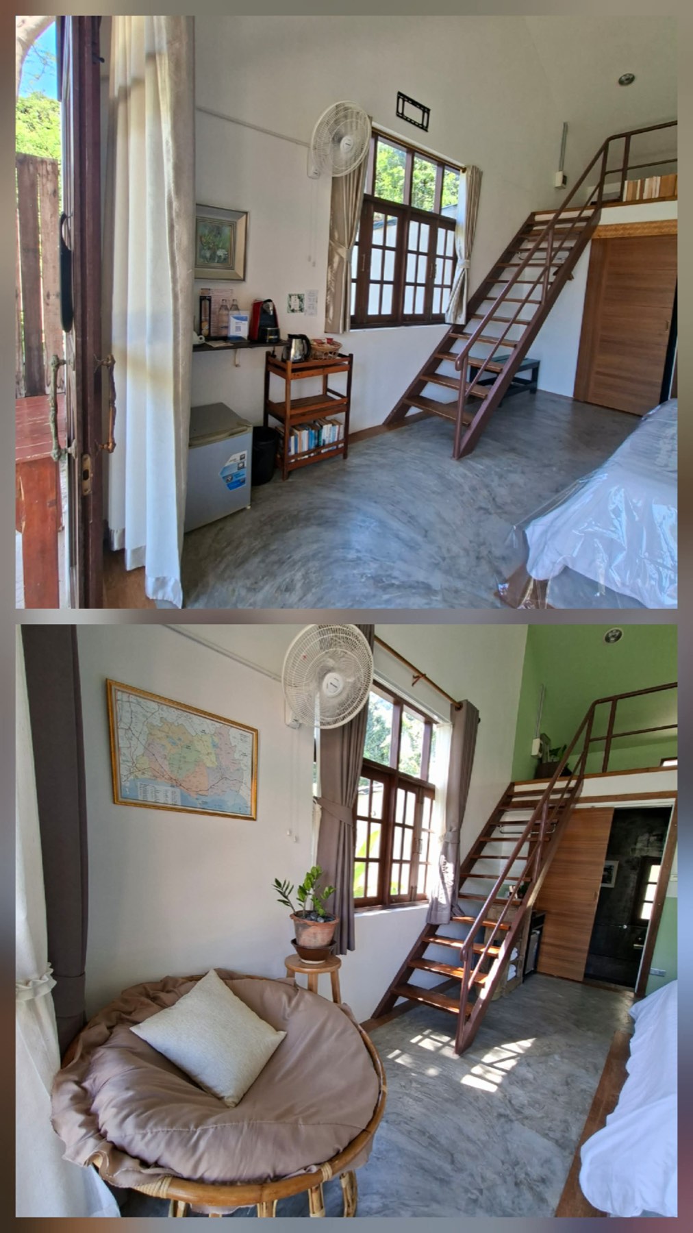 Guest room at Tree Roots Retreat, Rayong, before and after Claire&rsquo;s redesign &mdash; new furnishings, plants, framed map from Rayong, and a papasan reading chair.