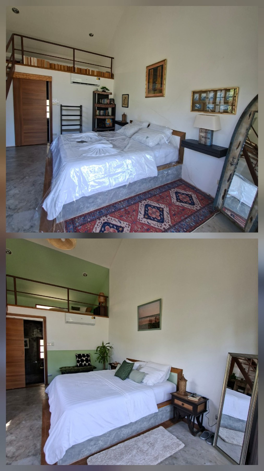 The mezzanine above a guest room at Tree Roots Retreat in Rayong, before and after Claire&rsquo;s redesign &mdash; a quiet space for reading, doing nothing, or yoga.
