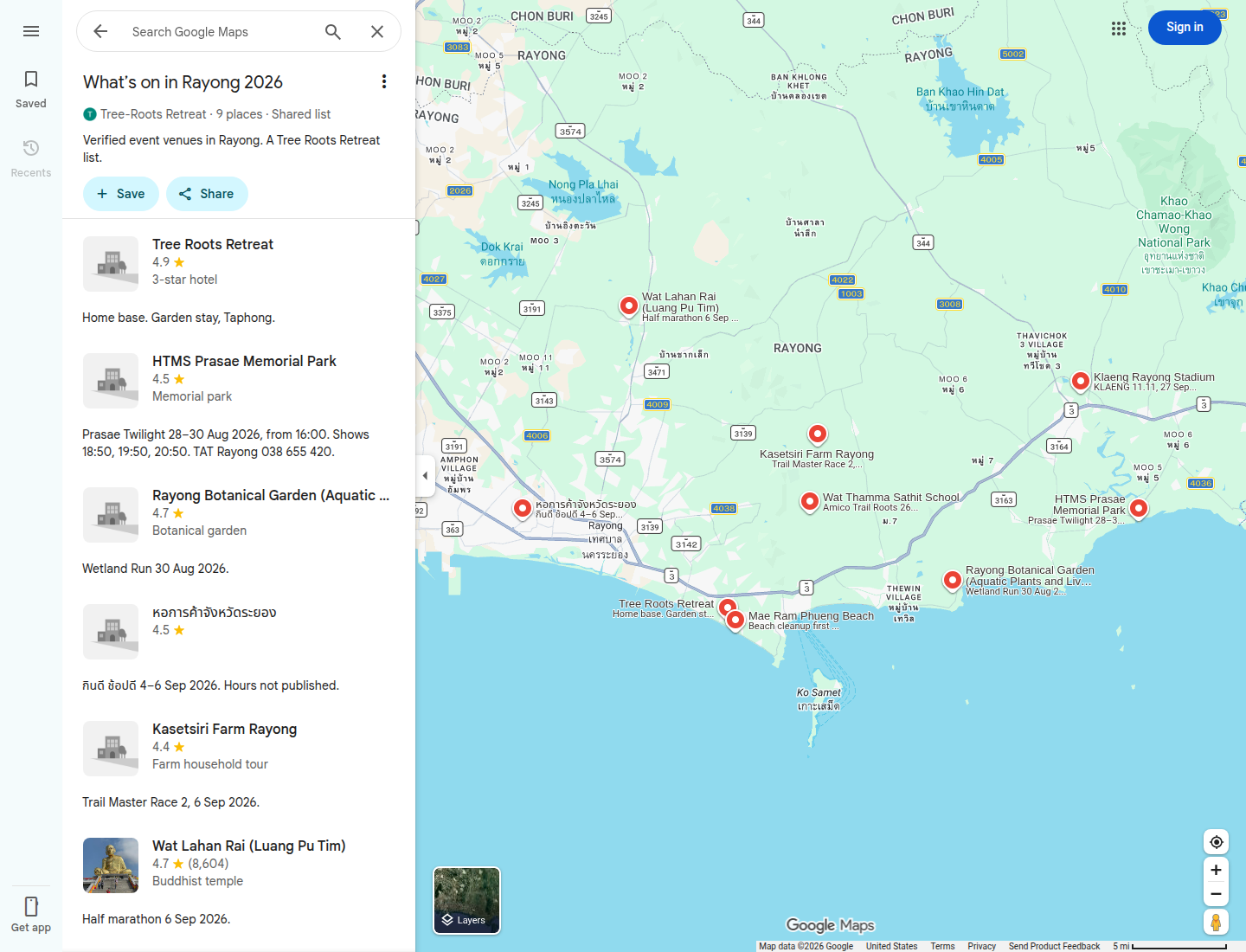 Google Maps shared list titled What’s on in Rayong 2026, with the venue list beside a map of Rayong.